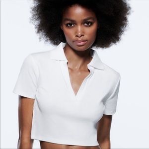 Zara cropped collared ribbed white top